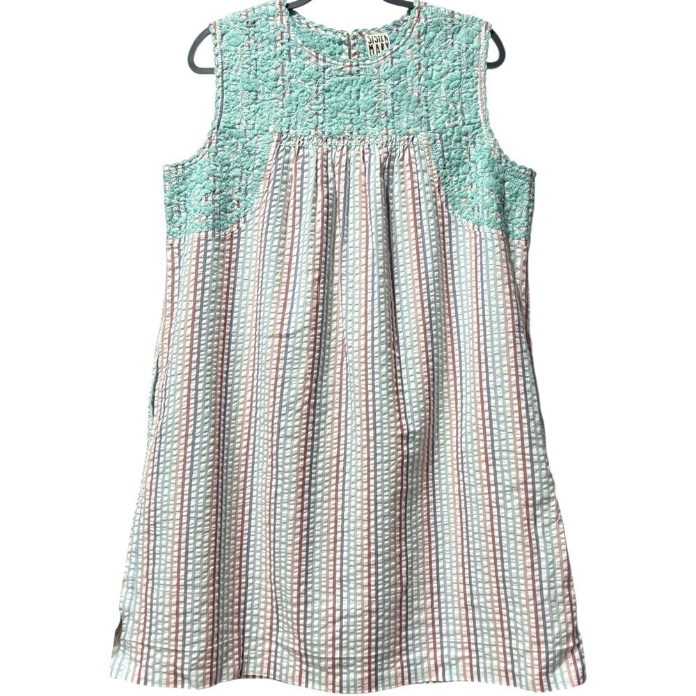 Sister Mary Madeline Indi Cotton Stripe Seersucker Embroidered House Dress‎ M